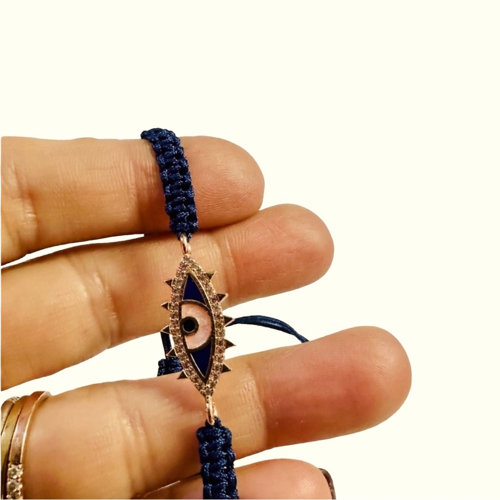 Navy  Macrame  Evil Eye And Cubic Zirconia Bracelet